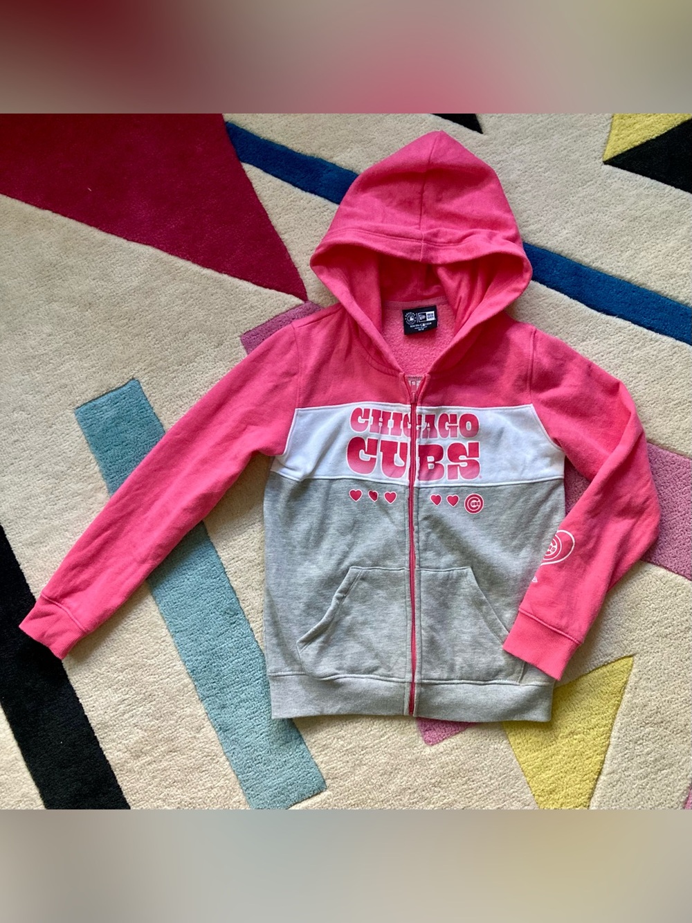 New Era Pink Grey Chicago Cubs Baseball MLB Full Zip Heart Hoodie XS Girls 10/12